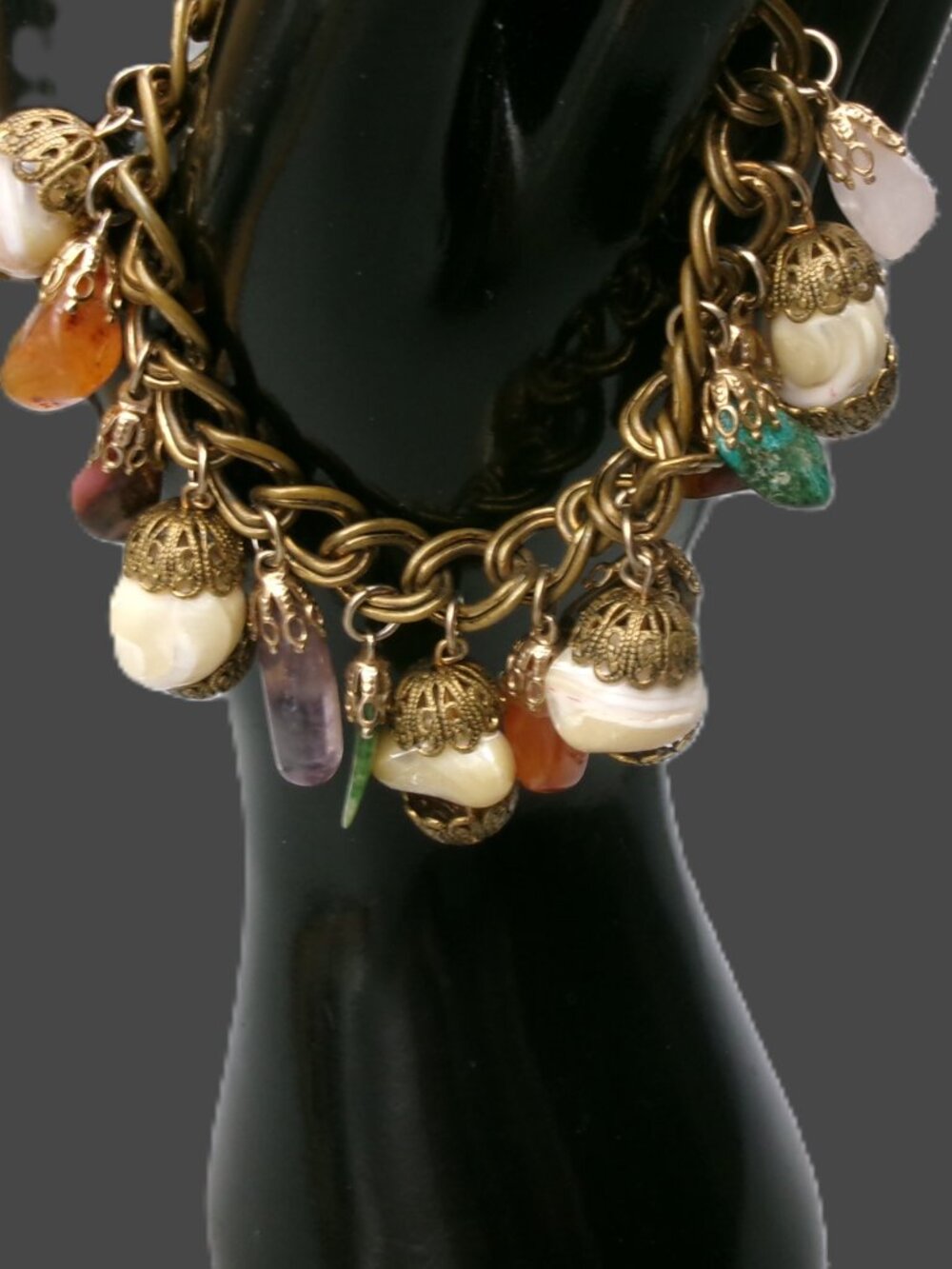 Vintage Multi Gemstone Charm Bracelet, Brass Filigree Capped, 15 Charms